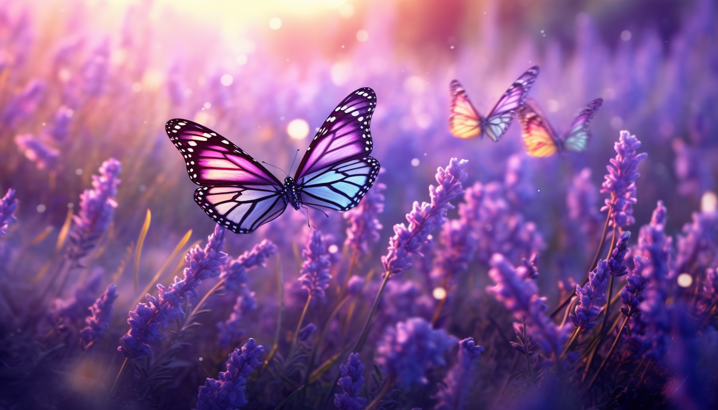 Fluttering butterflies over a field of blooming lavender.