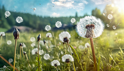 Dandelion seeds floating in the breeze over a sunny meadow.