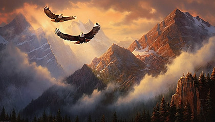 Majestic eagles soaring above rugged mountain ranges.