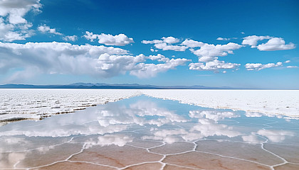 An expanse of salt flats, reflecting the sky like a mirror.