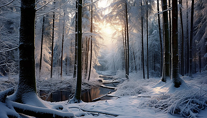 A forest blanketed in pristine, untouched snow.