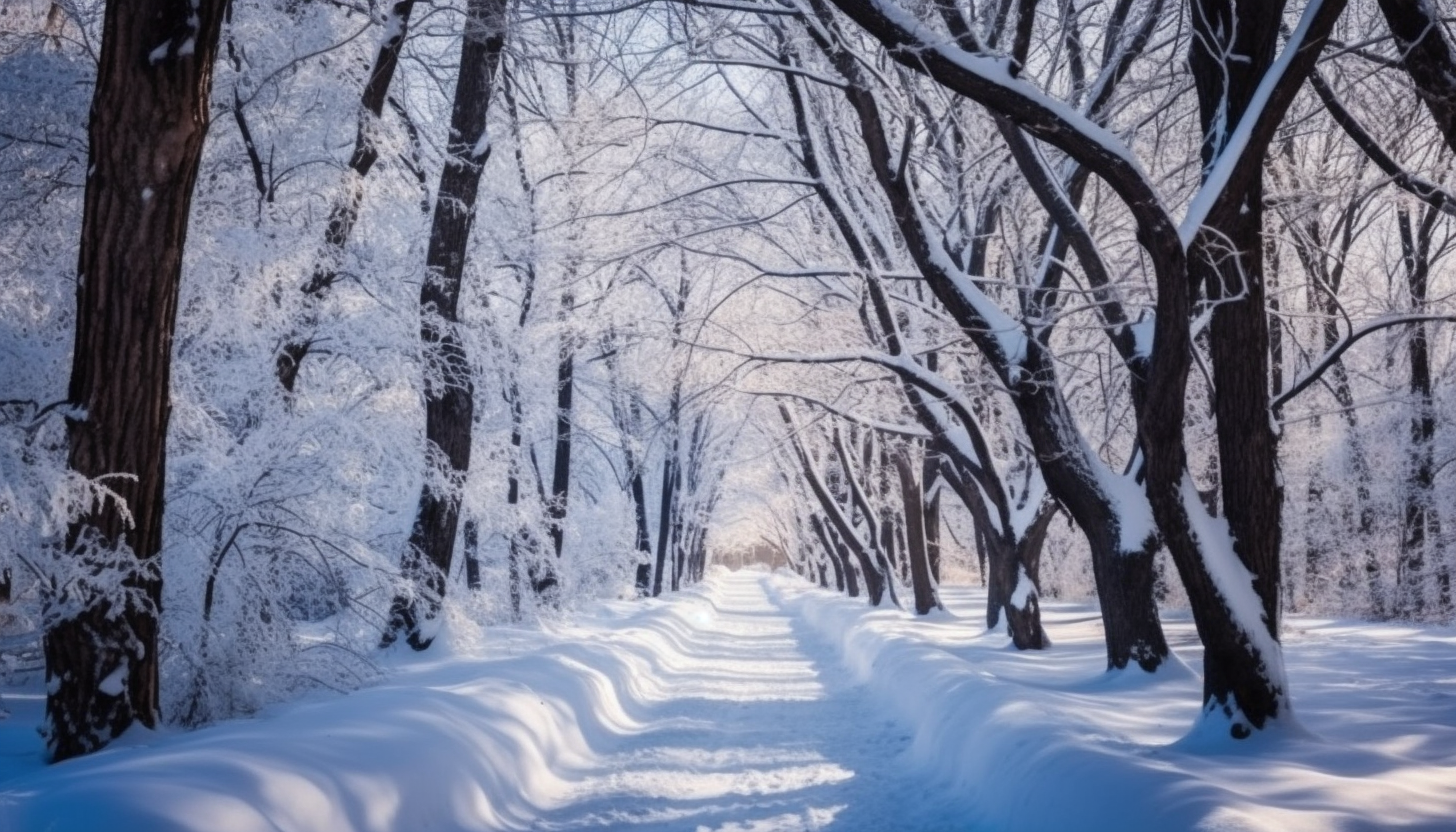 Snow-capped trees lining a quiet winter path.