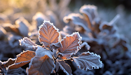Frosted leaves sparkling under the winter sun.