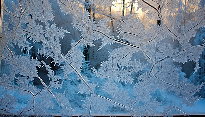 Frost patterns delicately tracing over a window on a cold winter morning.