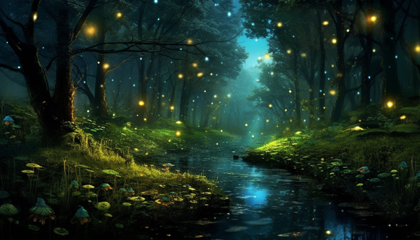 Fireflies twinkling at dusk in a quiet forest.