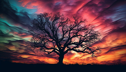 A silhouetted tree against a colorful sunset sky.