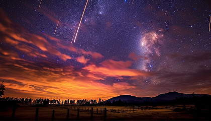 The brilliant display of a meteor shower against a night sky.