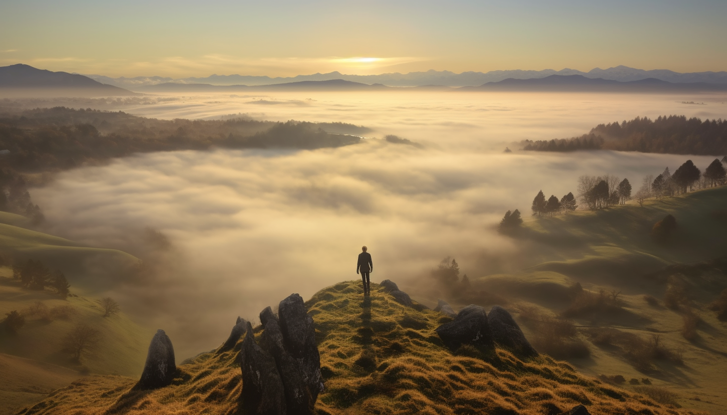 A view from atop a hill overlooking a sea of fog.