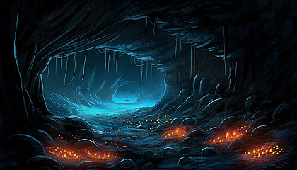 Glowing worms illuminating a dark cave.