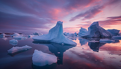 Icebergs floating in arctic waters under a twilight sky.