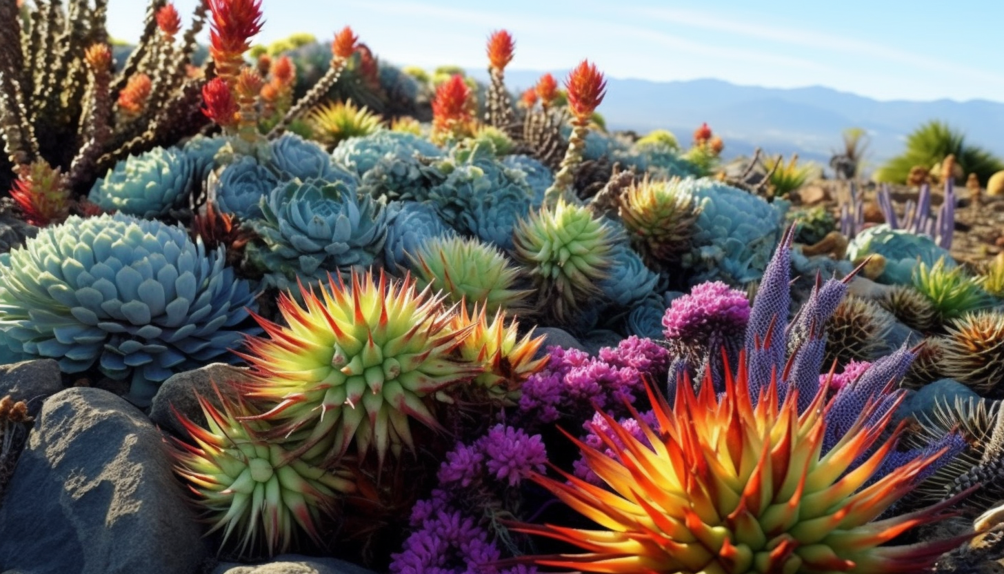 Vividly colored succulents in a desert landscape.