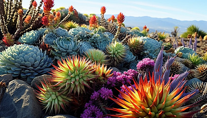 Vividly colored succulents in a desert landscape.