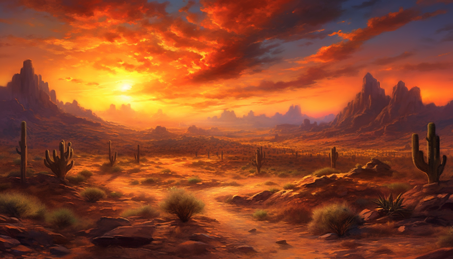 Fiery skies at sunset over a tranquil desert.