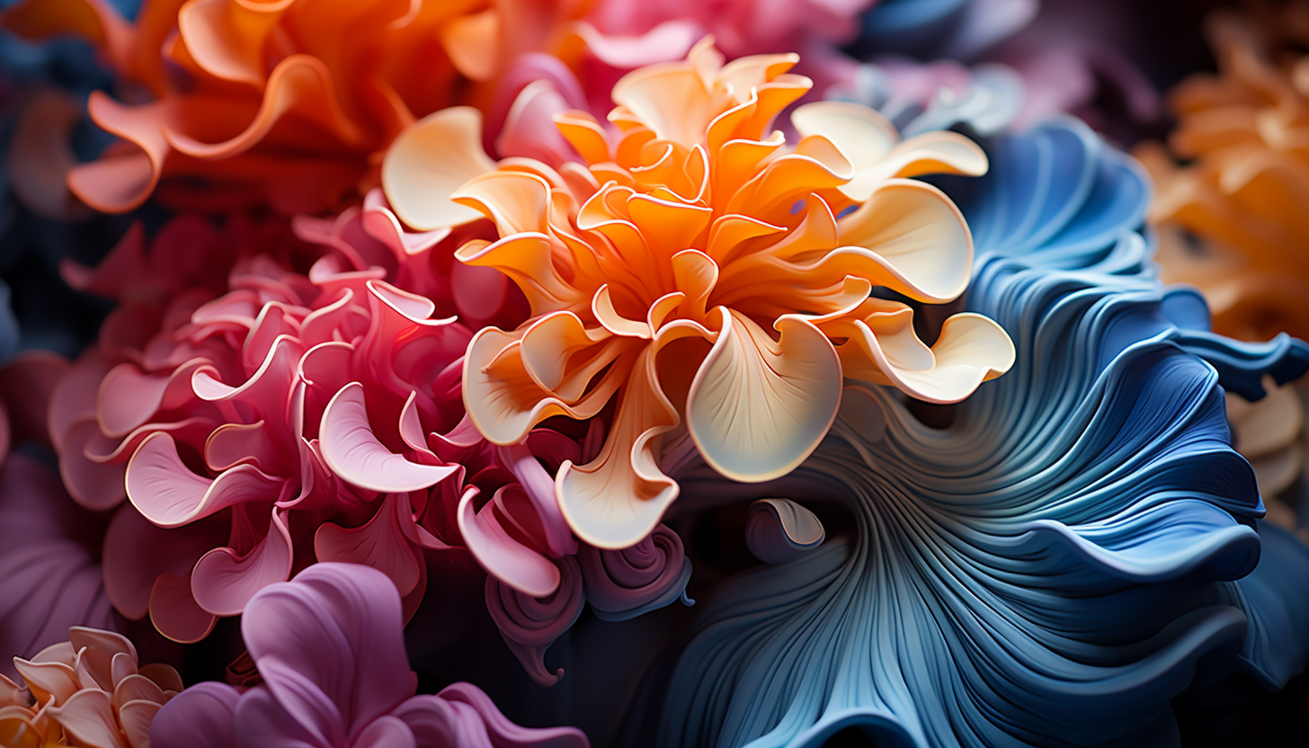 An extreme close-up of a brightly colored coral in the ocean.