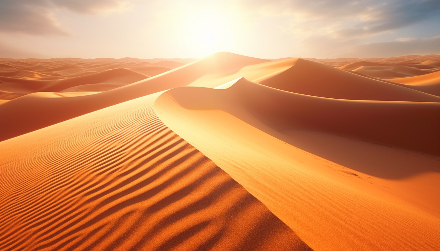 Sand dunes rippling under the heat of a desert sun.