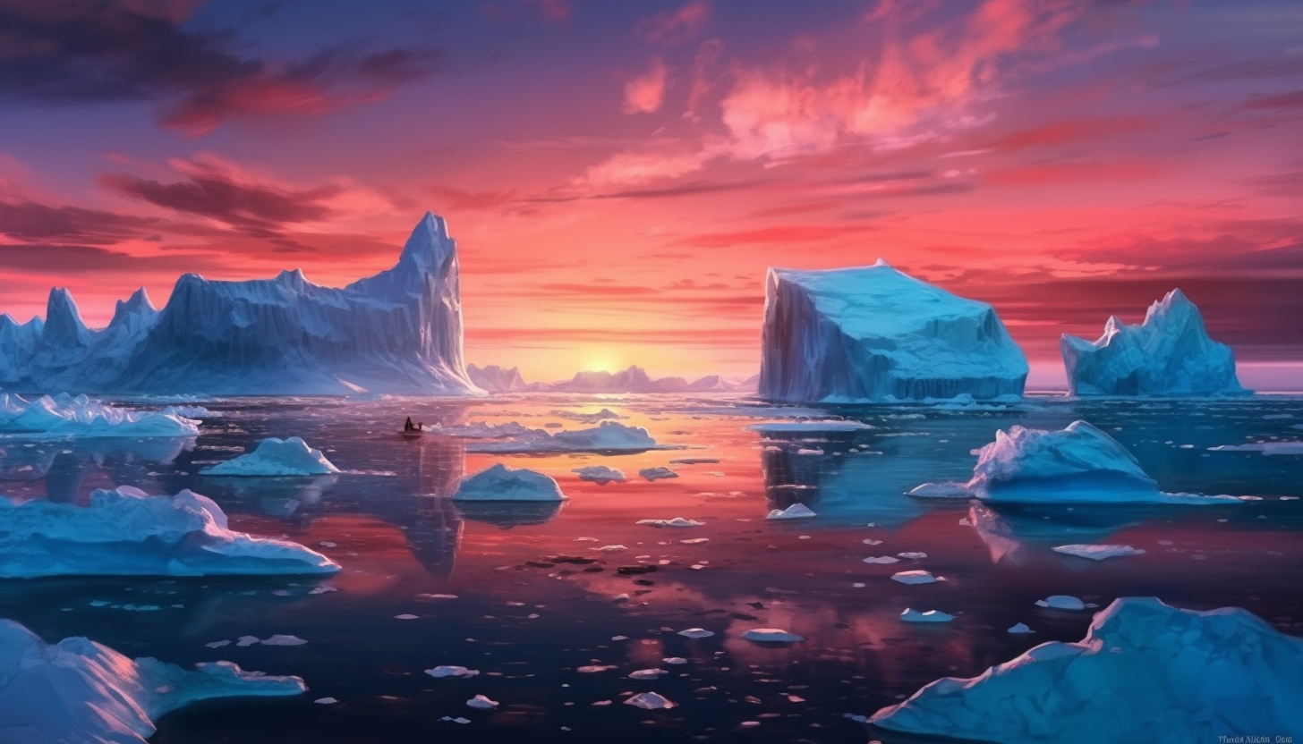 Icebergs floating in a chilly polar sea, under a midnight sun.