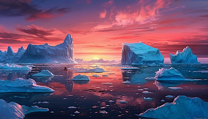 Icebergs floating in a chilly polar sea, under a midnight sun.