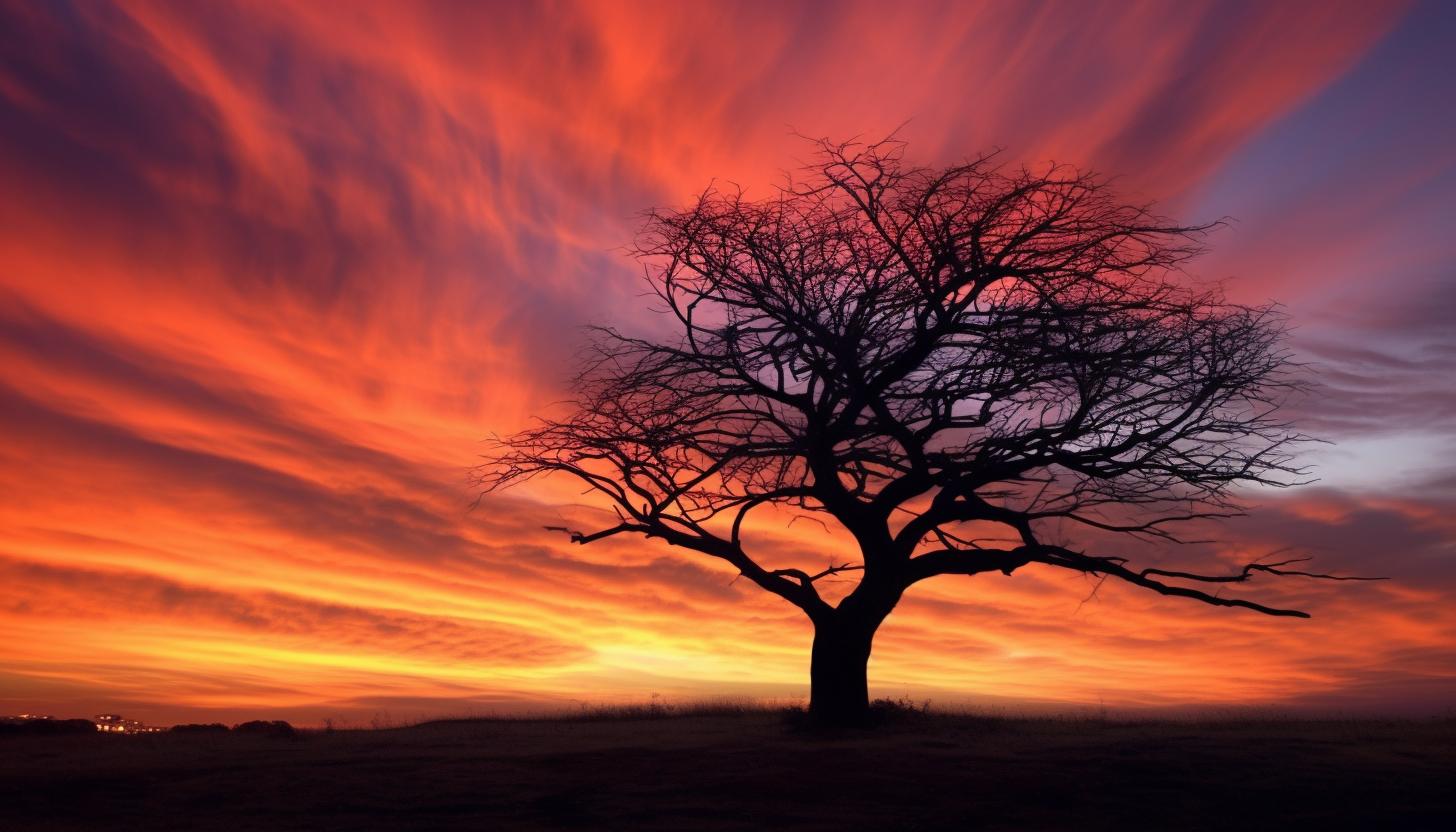 A silhouetted tree against a colorful sunset sky.