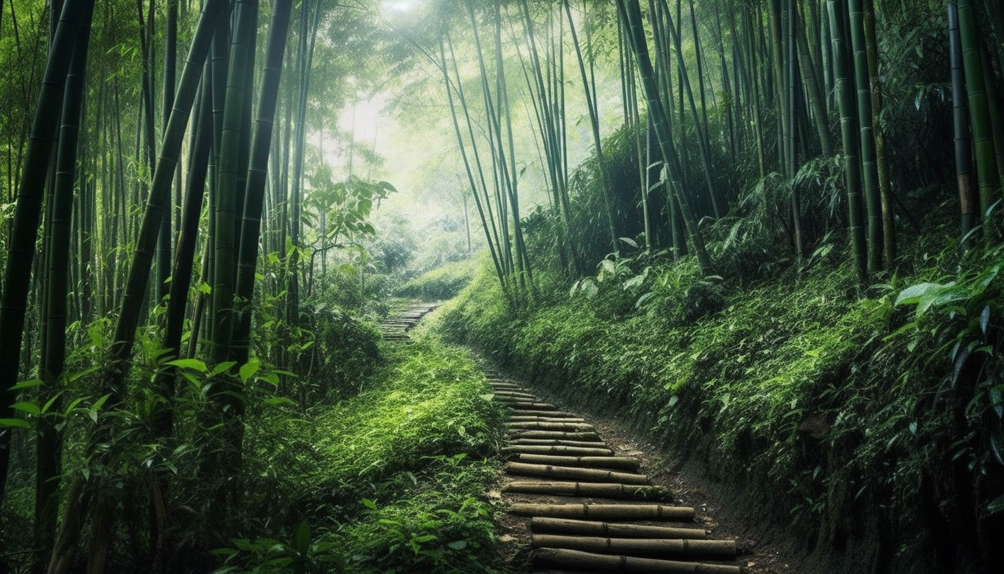 A rugged path winding through a dense bamboo forest.