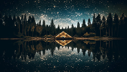 A constellation mirrored in a still lake at night.