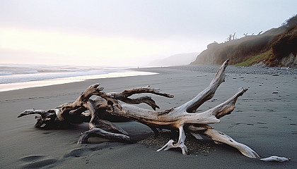 Driftwood strewn across a deserted beach.