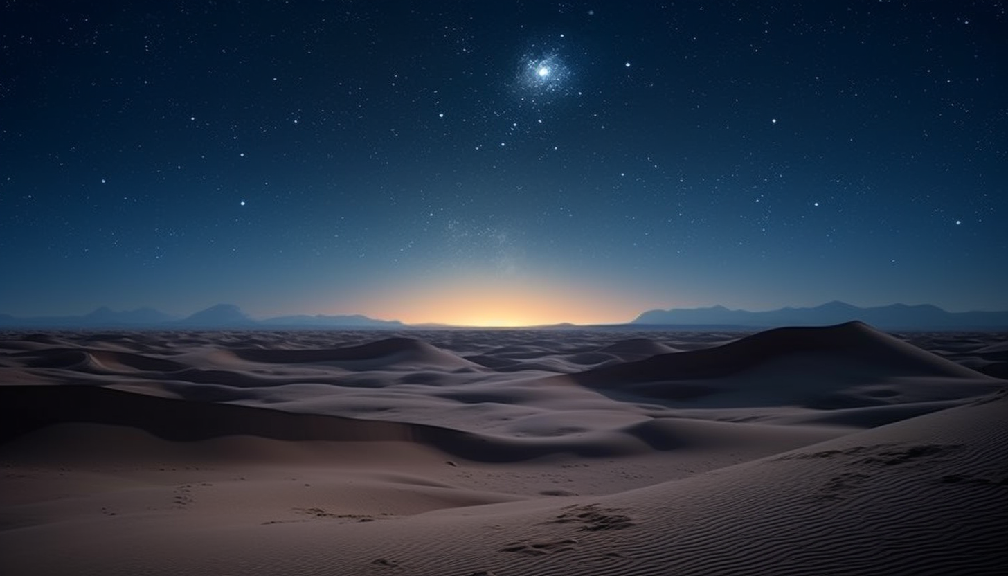 Sand dunes under a star-studded night sky.