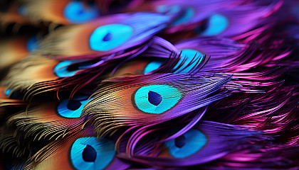 Macro detail of the iridescence in a peacock's tail feather.