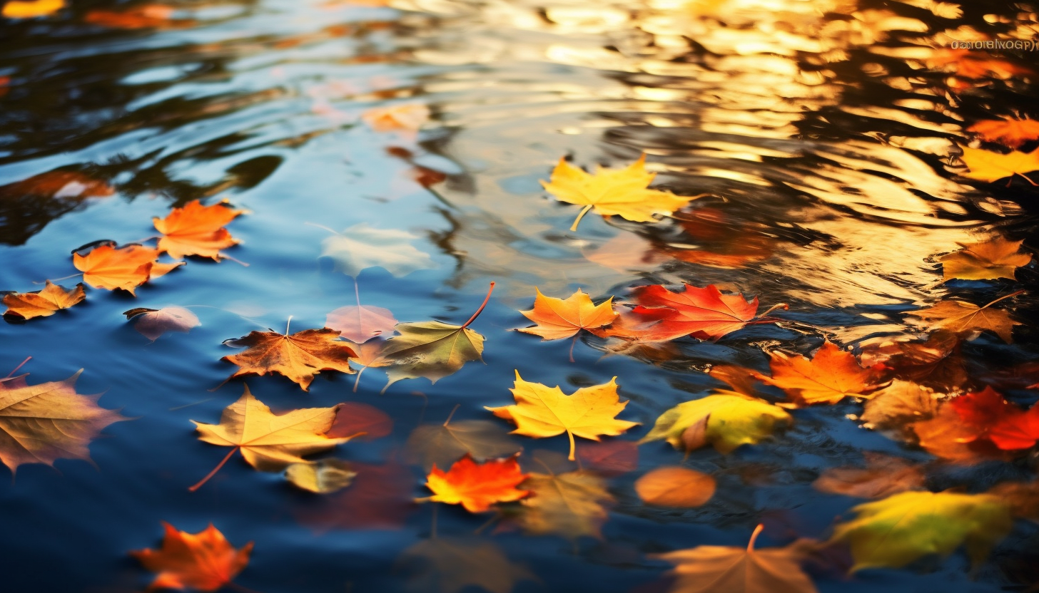 Brightly colored autumn leaves floating on a placid pond.