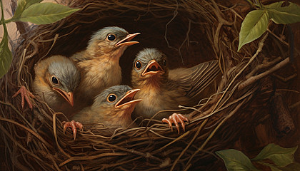 A nest of baby birds chirping for their mother.