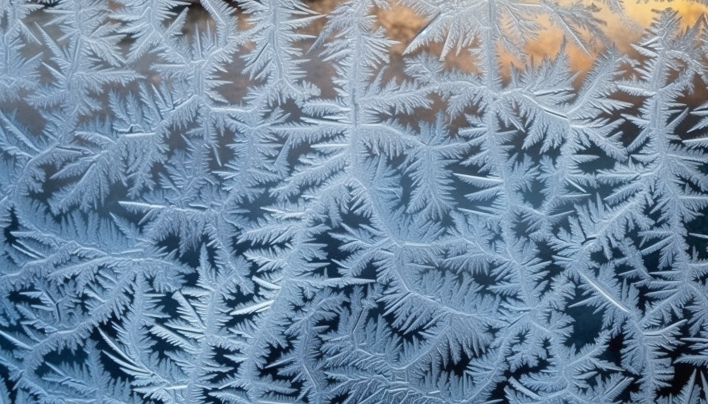 Frost patterns on a window on a cold winter morning.