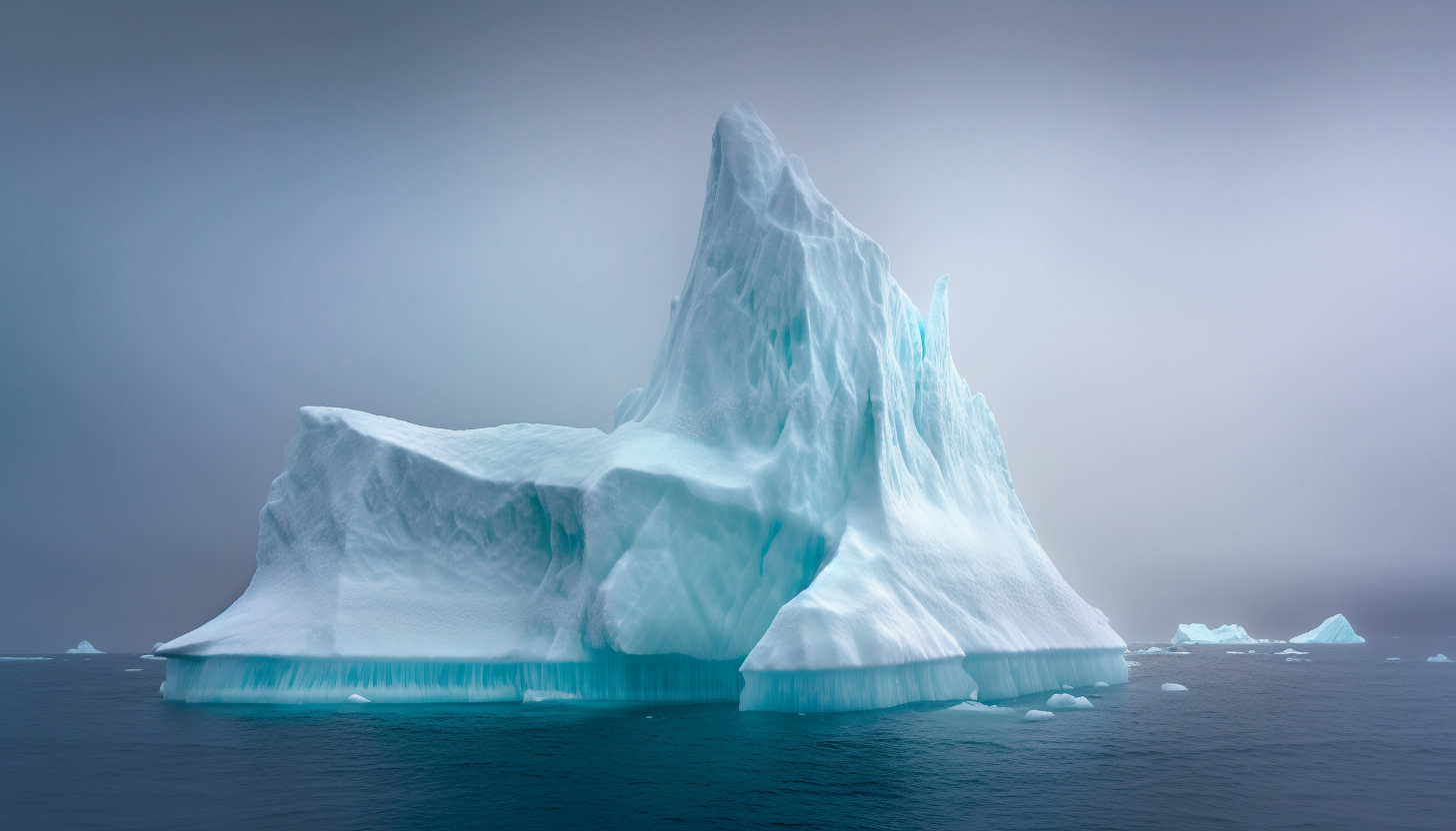 The dramatic sight of an iceberg drifting in the ocean.