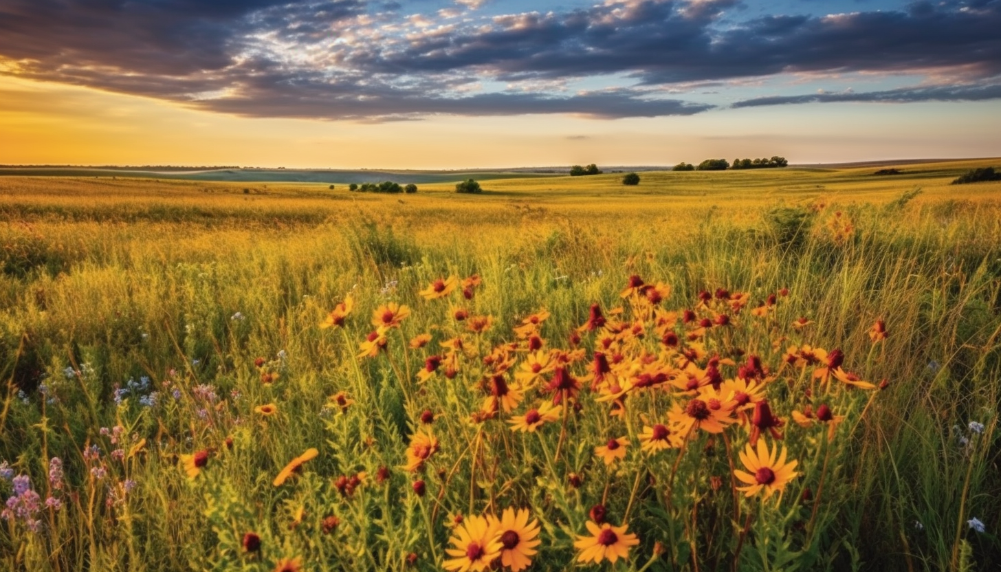 Patches of vibrant wildflowers in a prairie landscape.