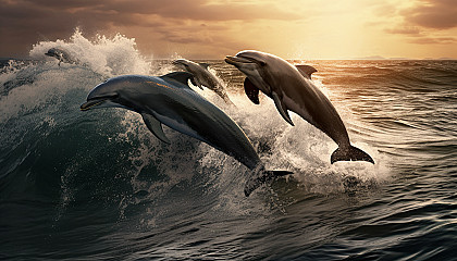 A family of dolphins leaping in unison across ocean waves.