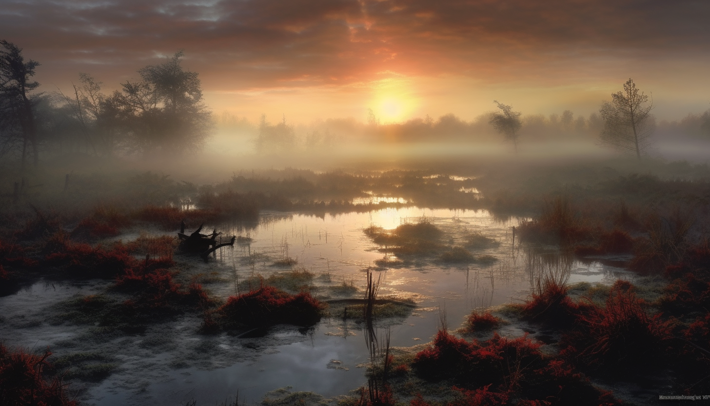 A misty marshland at dawn, filled with sounds of awakening wildlife.