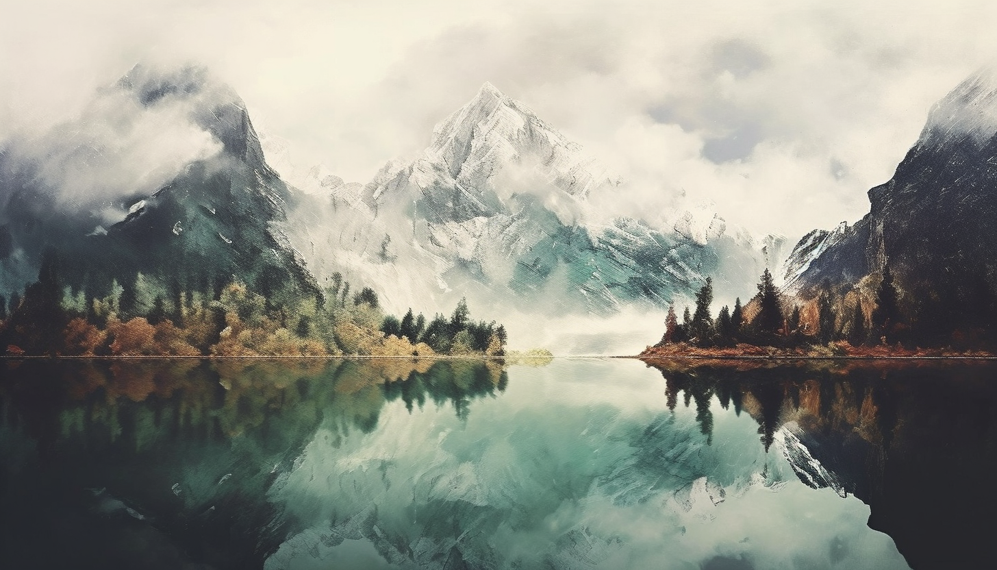 The mirror-like reflection of mountains on a glassy lake.