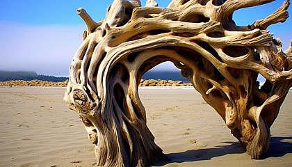 Driftwood sculptures naturally formed on a sandy beach.