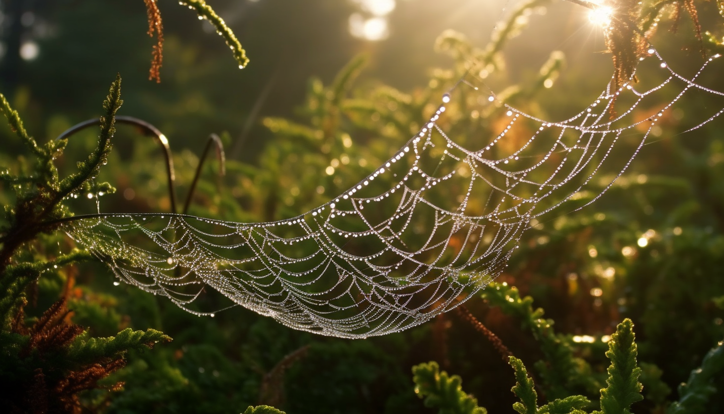 Dew-covered cobwebs glittering in the morning sun.