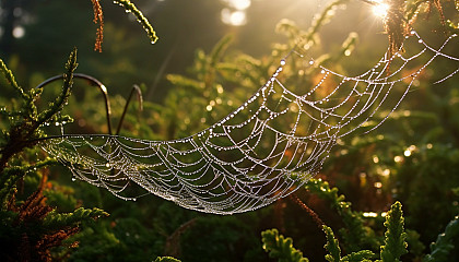 Dew-covered cobwebs glittering in the morning sun.