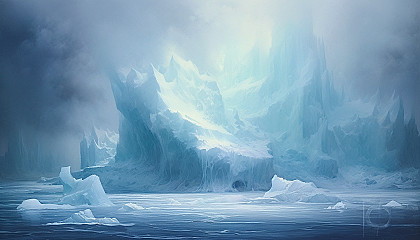 A glacier calving into a frigid sea.