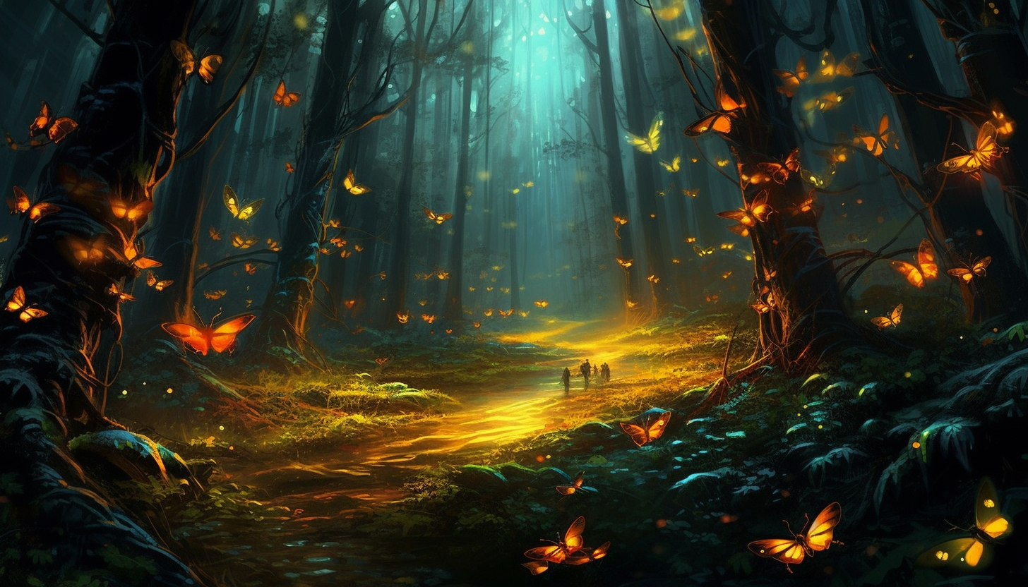 A vibrant display of fireflies illuminating a dark forest.