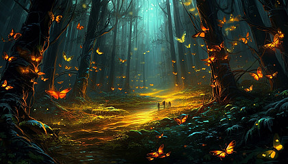 A vibrant display of fireflies illuminating a dark forest.