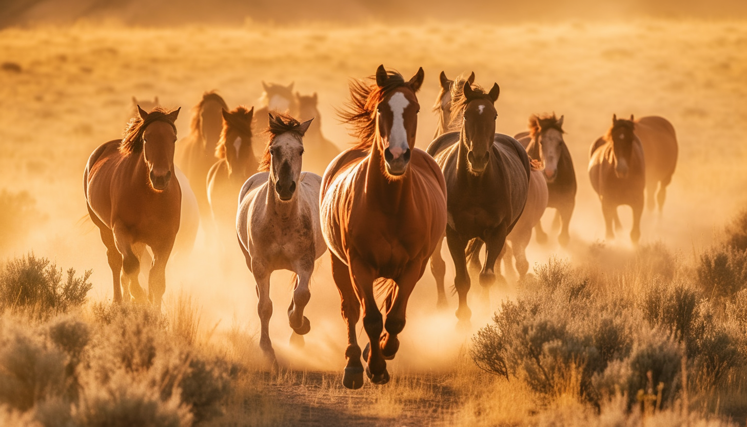 Wild horses galloping across an open prairie.