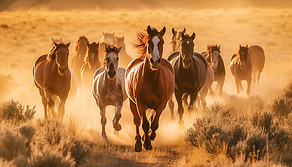 Wild horses galloping across an open prairie.