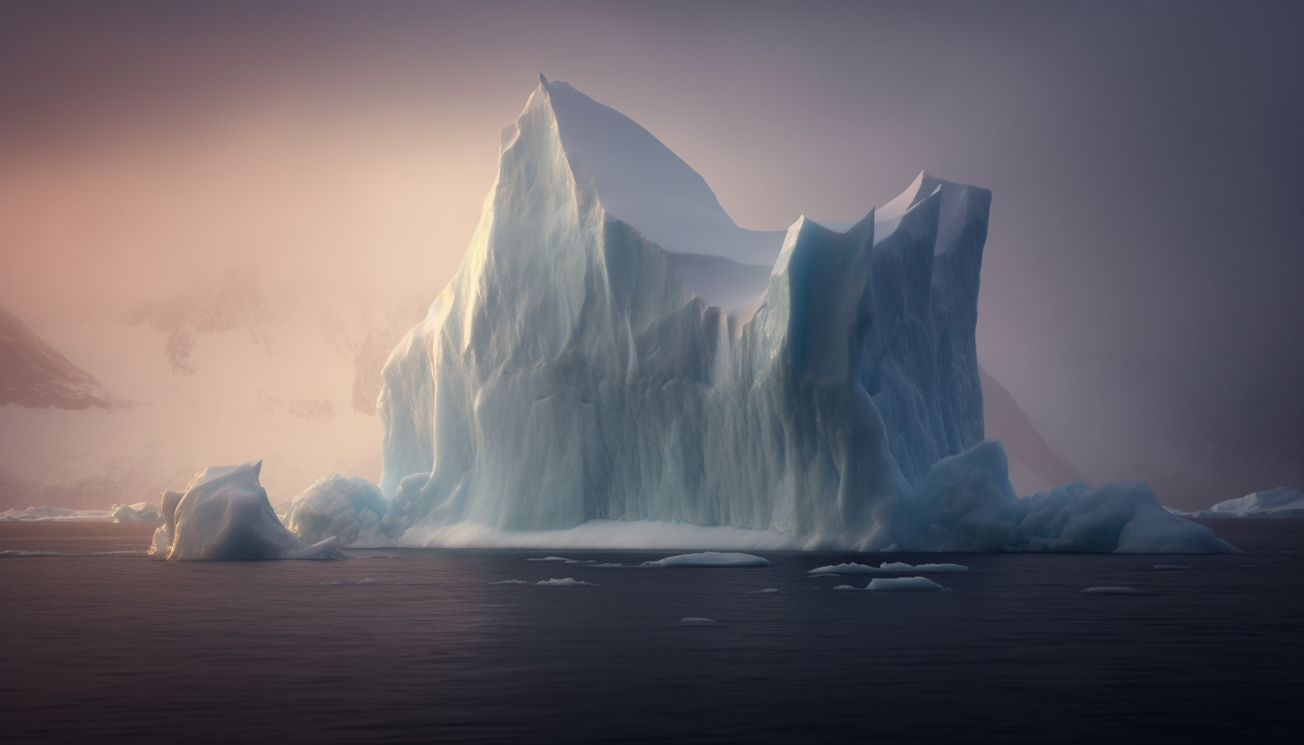 The dramatic sight of an iceberg drifting in the ocean.