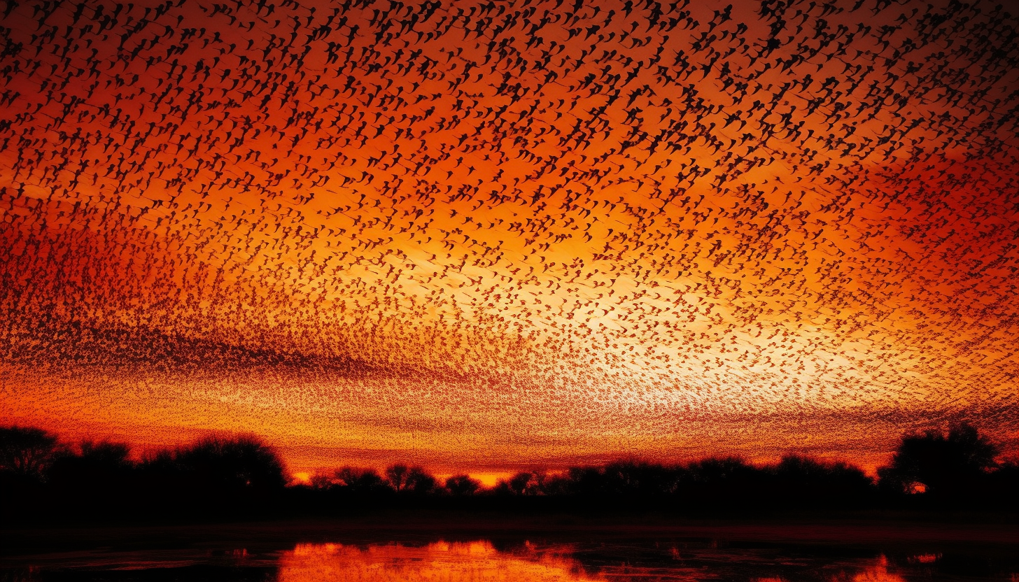 A murmuration of starlings forming patterns in the sky.