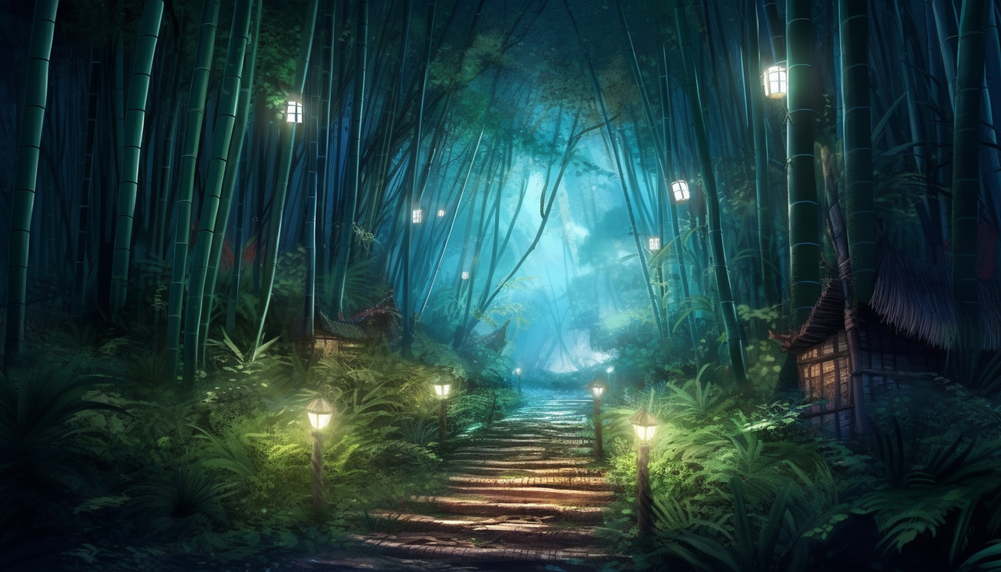 A moonlit path through a tranquil bamboo grove.