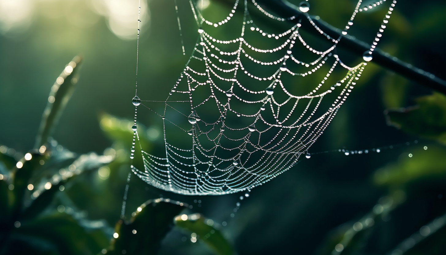 An intricate spider's web glistening with morning dew.