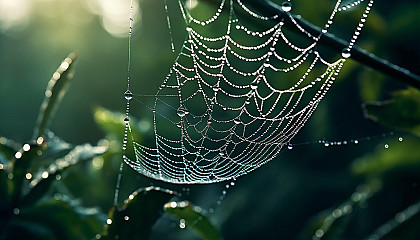 An intricate spider's web glistening with morning dew.