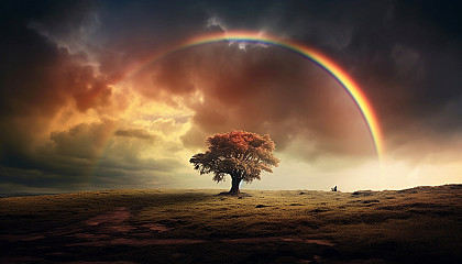 A vibrant rainbow arching across a stormy sky.