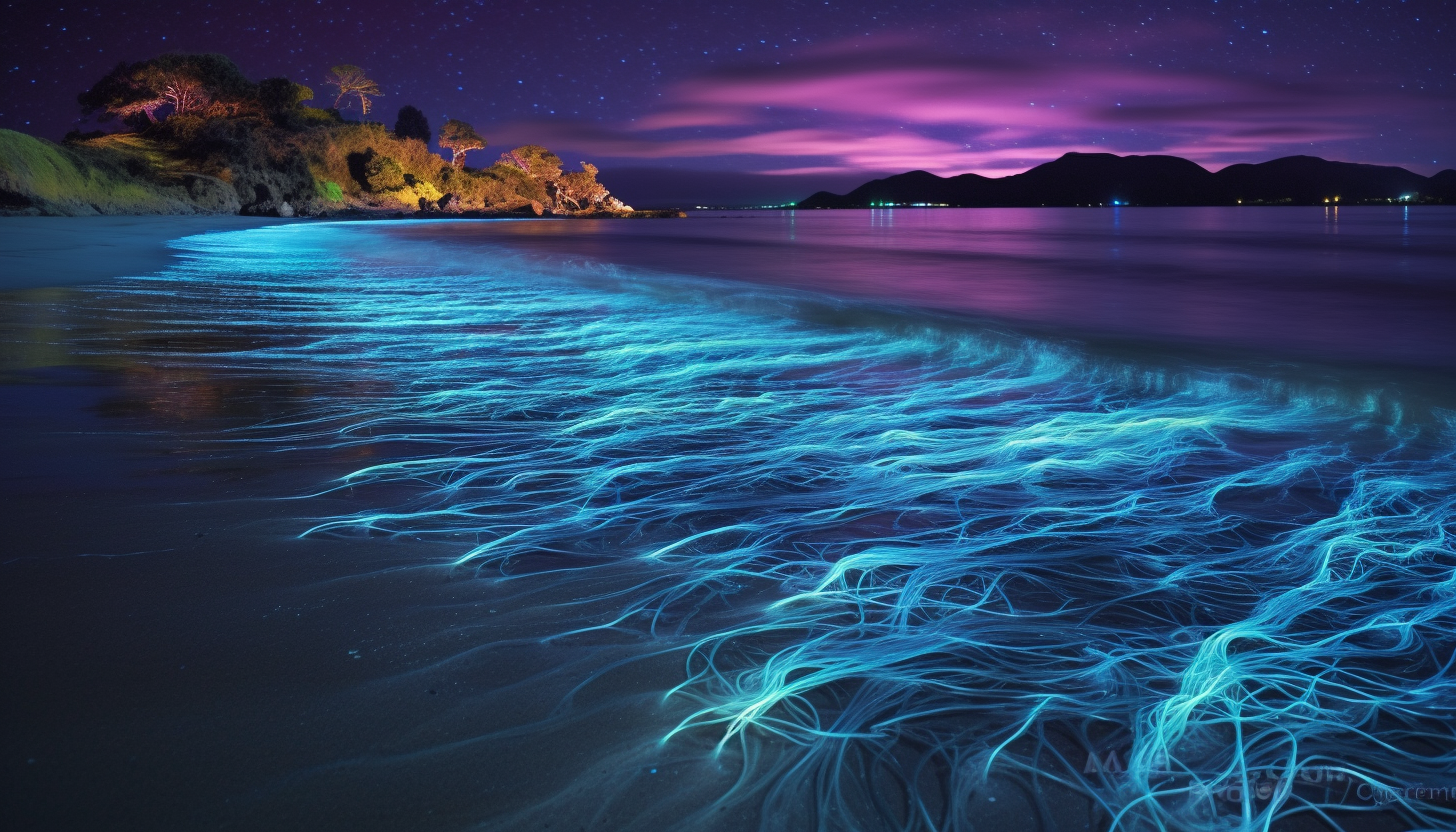 Dazzling bioluminescent plankton on a dark beach.